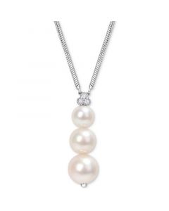 Cultured Freshwater Pearl (6 - 8-1/2mm) & White Topaz (1/10 ct. t.w.) Graduated 18" Pendant Necklace in Sterling Silver