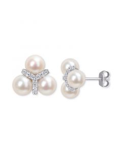 Cultured Freshwater Pearl (6 - 6-1/2mm) & White Topaz (1/5 ct. t.w.) Trio Cluster Stud Earrings in Sterling Silver