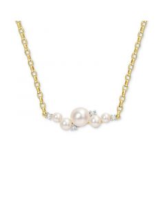 Cultured Freshwater Pearl (3 - 6-1/2mm) & White Topaz (1/8 ct. t.w.) Cluster Bar 18" Pendant Necklace in 18k Gold-Plated Sterling Silver