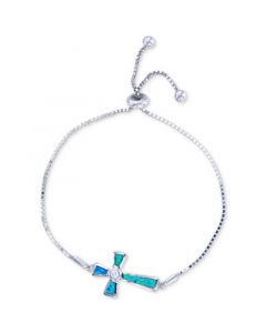 Lab-Created Blue Opal Cross Bolo Bracelet in Sterling Silver