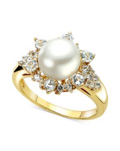 Cultured Freshwater Pearl (8mm) & White Topaz (7/8 ct. t.w.) Ring in 14k Gold-Plated Sterling Silver