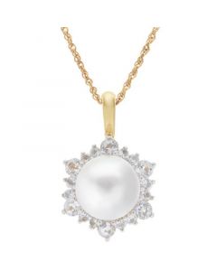 Cultured Freshwater Pearl (8mm) & White Topaz (3/4 ct. t.w.) Halo 18" Pendant Necklace in 14k Gold-Plated Sterling Silver