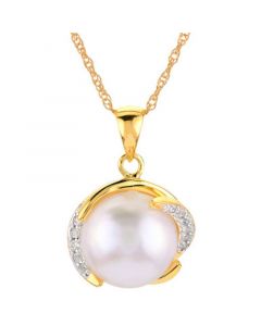 Cultured Freshwater Pearl (10mm) & White Topaz (1/6 ct. t.w.) 18" Pendant Necklace in 14k Gold-Plated Sterling Silver