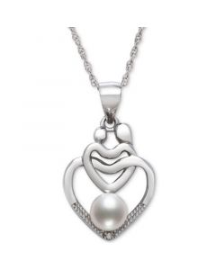 Cultured Freshwater Pearl (5mm) & Diamond Accent Mother & Child Heart 18" Pendant Necklace in Sterling Silver