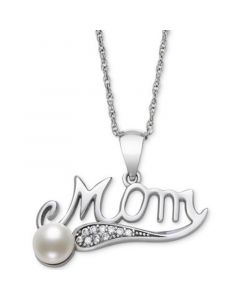 Cultured Freshwater Button Pearl (5mm) & Cubic Zirconia Mom 18" Pendant Necklace in Sterling Silver