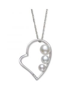 Cultured Freshwater Button Pearl (4 - 6mm) & Cubic Zirconia Heart 18" Pendant Necklace in Sterling Silver