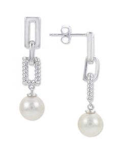 Cultured Freshwater Pearl (8mm) Chain Link Drop Earrings in Sterling Silver