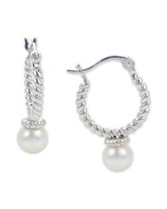 Cultured Freshwater Pearl (6mm) Twist Hoop Earrings in Sterling Silver