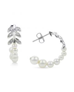 Cultured Freshwater Pearl (3 - 5-1/2mm) Graduated Leaf & White Topaz (1/10 ct. t.w.) Hoop Earrings in Sterling Silver