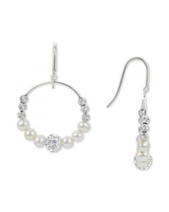 Cultured Freshwater Pearl (4-5mm) Graduated Leaf & Crystal Circle Drop Earrings in Sterling Silver