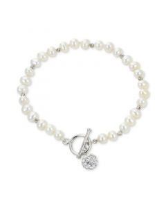 Cultured Freshwater Pearl (5-5-1/2mm) & Crystal Toggle Bracelet in Sterling Silver