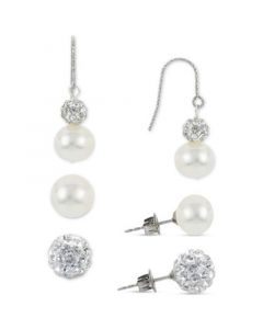 3-Pc. Set Cultured Freshwater Pearl (8 & 10mm) & Crystal Stud & Drop Earrings in Sterling Silver