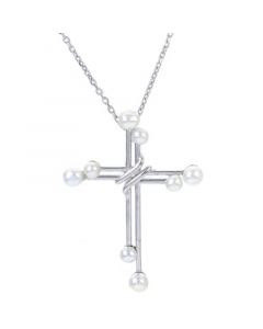 Cultured Freshwater Pearl (2 - 3-1/2mm) Double Cross Pendant Necklace in Sterling Silver, 16" + 2" extender