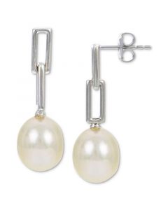 Cultured Freshwater Pearl (7-8mm) Paperclip Link Drop Earrings Sterling Silver