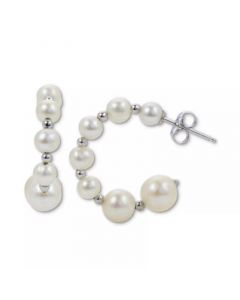 Cultured Freshwater Pearl (4-8mm) & Polished Bead Graduated Hoop Earrings