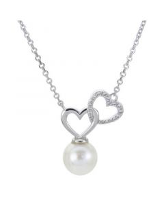 Cultured Freshwater Pearl (8-1/2mm) & White Topaz (1/10 ct. t.w.) Double Heart 18" Pendant Necklace in Sterling Silver