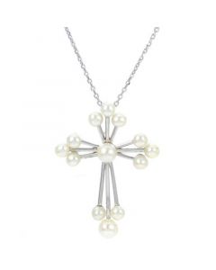 Cultured Freshwater Pearl (3 - 4-1/2mm) Open Cross 18" Pendant Necklace in Sterling Silver