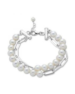 Cultured Freshwater Pearl (7-8mm) Paperclip Link Layered Bracelet in Sterling Silver