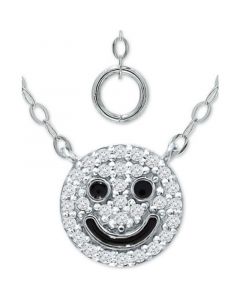 Cubic Zirconia & Black Enamel Smile Emoji Pendant Necklace in Sterling Silver, 16" + 2" extender, Created for Macy's