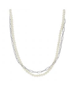 EFFY® Cultured Freshwater Pearl (6mm) & Paperclip 18" Layered Necklace in Sterling Silver