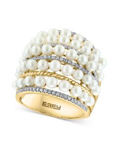 EFFY® Cultured Freshwater Pearl (4mm) & Diamond (3/8 ct. t.w.) Multirow Statement Ring in 14k Gold