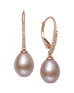 Pink Cultured Freshwater Pearl (8-9mm) & Diamond (1/10 ct. t.w.) Leverback Drop Earrings in 14k Rose Gold, Created for Macy's