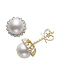 Cultured Freshwater Pearl (7mm) & Diamond (1/8 ct. t.w.) Halo Stud Earrings in 14k Gold, Created for Macy's