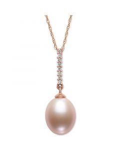 Pink Cultured Freshwater Pearl (8-9mm) & Diamond (1/20 ct. t.w.) 18" Pendant Necklace in 14k Rose Gold, Created for Macy's