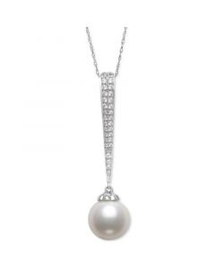 Cultured Freshwater Pearl (9mm) & Diamond (1/5 ct. t.w.) Pavé Elongated 18" Pendant Necklace in 14k White Gold, Created for Macy's