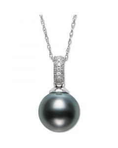 Black Cultured Tahitian Pearl (8mm) & Diamond (1/20 ct. t.w.) 18" Pendant Necklace in 14k White Gold, Created for Macy's