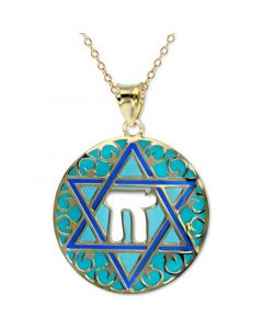 Enamel Star of David and Chai Cutout 18" Pendant Necklace in 14k Gold