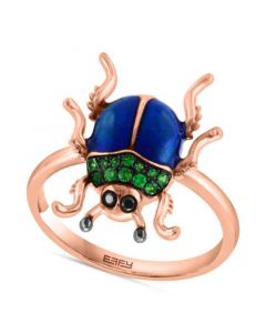 EFFY® Tsavorite (1/6 ct. t.w.) & Black Diamond Accent Beetle Ring in Blue Enamel & 14k Rose Gold