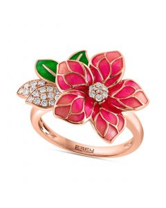 EFFY® Pink & Green Enamel & Diamond Flower Ring (1/5 ct. t.w.) in 14k Rose Gold