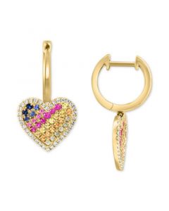 EFFY® Multi-Sapphire (5/8 ct. t.w.) & Diamond (1/4 ct. t.w.) Heart Dangle Hoop Earrings in 14k Gold