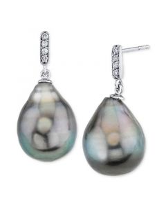 Cultured Tahitian Baroque Pearl (11mm) & Diamond Accent Drop Earrings in White Gold