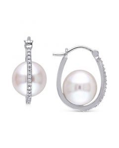 Cultured Freshwater Pearl (9-1/2mm) & Diamond (1/7 ct. t.w.) Oval Hoop Earrings in 10k White Gold