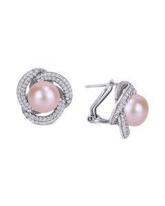 Pink Cultured Freshwater Pearl (10-1/2mm) & Cubic Zirconia Love Knot Stud Earrings in Sterling Silver