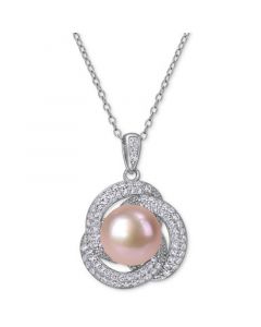 Pink Cultured Freshwater Pearl (10-1/2mm) & Cubic Zirconia Love Knot 18" Pendant Necklace in Sterling Silver