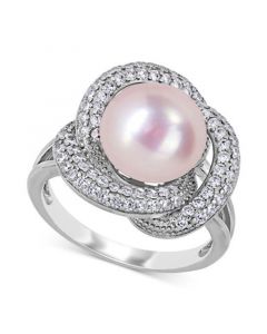 Pink Cultured Freshwater Pearl (10-1/2mm) & Cubic Zirconia Love Knot Statement Ring in Sterling Silver