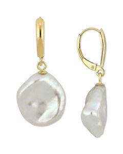 Cultured Freshwater Coin Pearl (16mm) Leverback Drop Earrings in 14k Gold