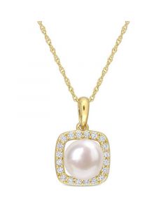 Cultured Freshwater Pearl (7mm) & Lab-Created White Sapphire (1/5 ct. t.w.) Square Halo 17" Pendant Necklace in 10k Gold