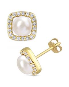 Cultured Freshwater Pearl (6mm) & Lab-Created White Sapphire (3/8 ct. t.w.) Square Halo Stud Earrings in 10k Gold