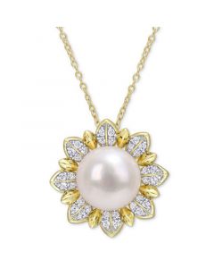 Cultured Freshwater Pearl (8-1/2mm) & White Topaz (1 ct. t.w.) Flower 18" Pendant Necklace in Gold-Tone Plated Sterling Silver