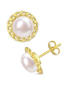 Cultured Freshwater Pearl (8mm) Link Frame Stud Earrings in Gold-Tone Plated Sterling Silver