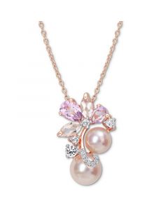 Pink Cultured Freshwater Pearl (7 & 8-1/2mm) & Multi-Gemstone (2-1/3 ct. t.w.) Flower Cluster 18" Pendant Necklace in 18K Rose Gold-Plated Sterling Silver