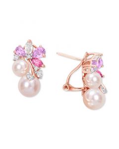 Pink Cultured Freshwater Pearl (6 & 8mm) & Multi-Gemstone (2-3/8 ct. t.w.) Flower Cluster Stud Earrings in 18k Gold-Plated Sterling Silver