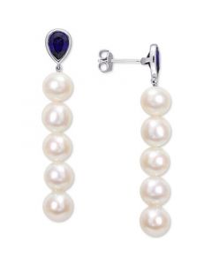 Cultured Freshwater Pearl (7 - 7-1/2mm) & Lab-Created Blue Sapphire (2-1/3 ct. t.w.) Linear Drop Earrings in Sterling Silver