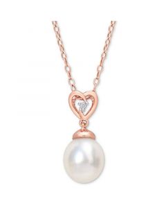 Cultured South Sea Oval Pearl (8-9mm) & White Topaz Accent Heart Detail 18" Pendant Necklace in Rose-Tone Plated Sterling Silver