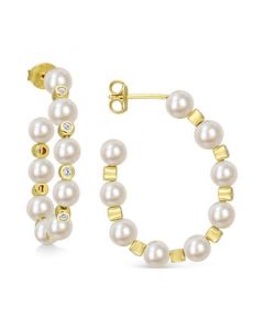 Cultured Freshwater Pearl (4-1/2 - 5mm) & White Topaz (1/2 ct. t.w.) Hoop Earrings in Gold-Tone Plated Sterling Silver