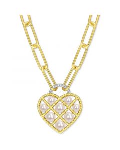 Cultured Freshwater Pearl (3-1/2 - 5mm) & Diamond Accent 18" Heart Pendant Necklace in Gold-Tone Plated Sterling Silver